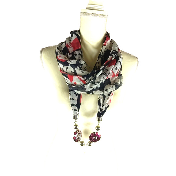 Infinity Scarf Black Red White Faces Beaded Silver Tone Red Beads Boho Bohemian - Picture 1 of 11